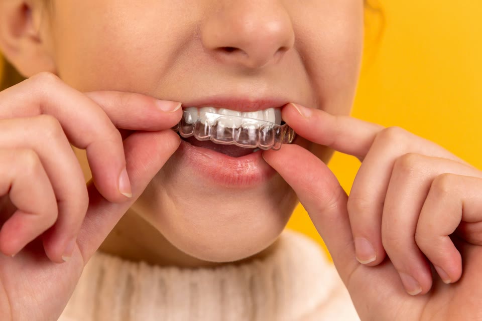 Clear aligner being fitted for orthodontic treatment